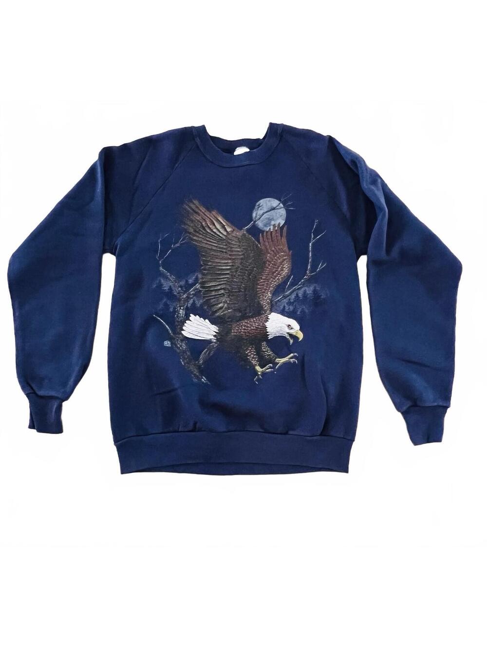 Vtg JERZEES Crew Sweatshirt USA Bald Eagle Graphic Adult Sz L Navy Blue